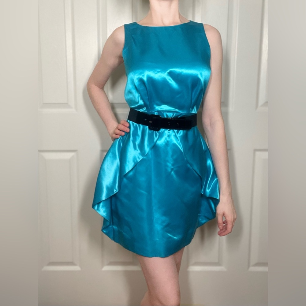 Alice + Olivia Sleek Teal Satin Dress with Black Belt